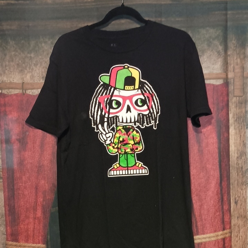 Reggae Stoner Black Graphic T-Shirt with Colorful Skull Design